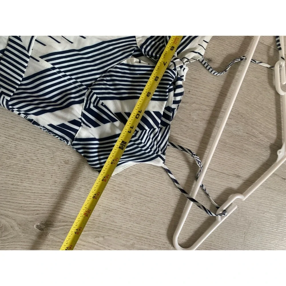 Yumi Kim Navy White Geometric Stripe Tie Front Midi Dress XS Pocket Smocked Back - Picture 5 of 13